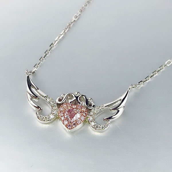 Angle Wings Heart Design Halo Created Pink Sapphire Sterling Silver Necklace