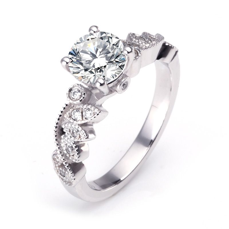 Vintage Leaf Milgrain Edge Simulated White Sapphire Engagement Ring