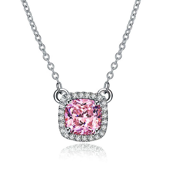 Halo Pink Sapphire Princess Cut Necklace