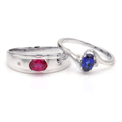Ruby Sapphire Three Stone Thin Shank 925 Sterling Silver Couple Rings