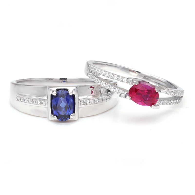Ruby Hollow Shank Sapphire 925 Sterling Silver Couple Rings