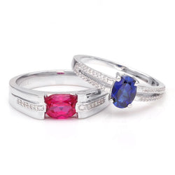 Ruby Sapphire Oval-cut Hollow 925 Sterling Silver Couple Rings