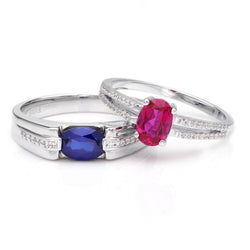 Sapphire Ruby Oval-cut Hollow 925 Sterling Silver Couple Rings