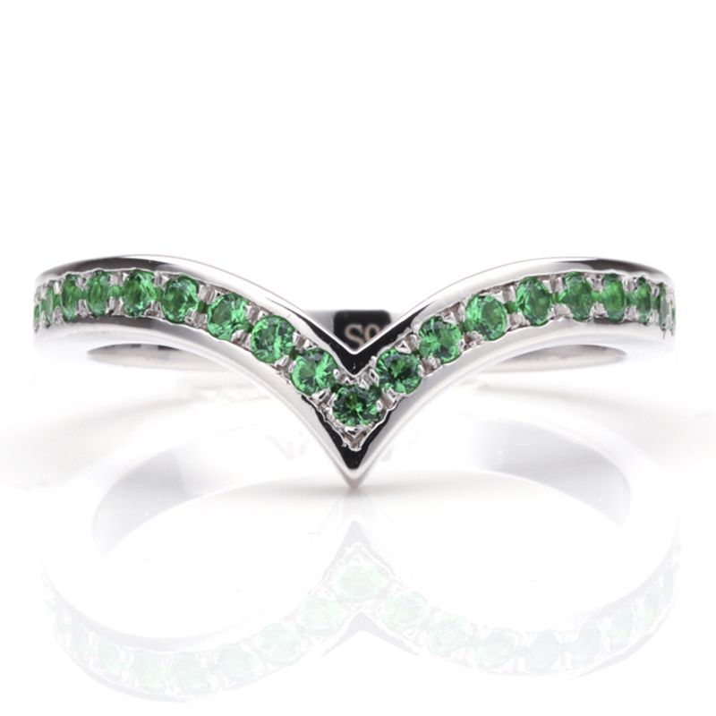 V Shape Pave Setting Light Green Sapphire Wedding Bands