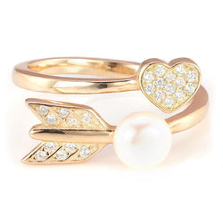 Gold Plated Heart Arrow Pearl White Sapphires Sterling Silver Adjustable Ring Band
