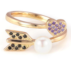 Gold Plated Heart Arrow Pearl Black and Purple Sapphires Adjustable Ring Band