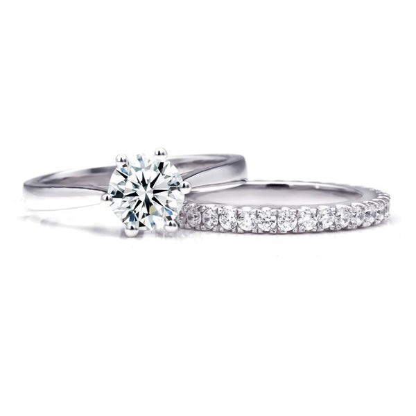 Classic Six Claws Round Brilliant-cut White Sapphire Gem-Studded Band Sterling Silver Wedding Set
