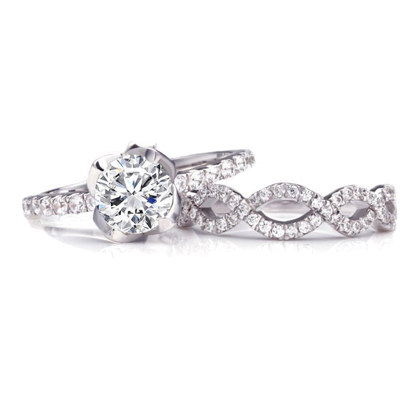 Rose Bud Round-cut White Sapphire Entwined Stone Band Sterling Silver Wedding Set