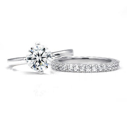 Classic Round Brilliant-cut White Sapphire Gem-Studded Band Sterling Silver Bridal Set