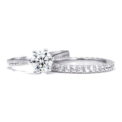 Six Claws Round Brilliant-cut White Sapphire Gem-Studded Band Sterling Silver Bridal Set