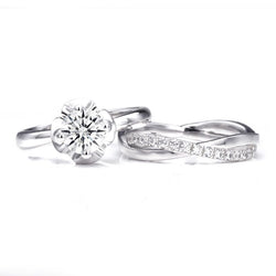 Flower Round Brilliant-cut Created White Sapphire Infinity Band Sterling Silver Wedding Set
