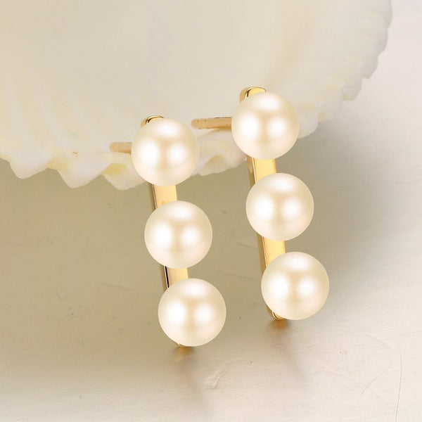 Three Row White Pearl 14K Rose Gold Stud Drop Earrings