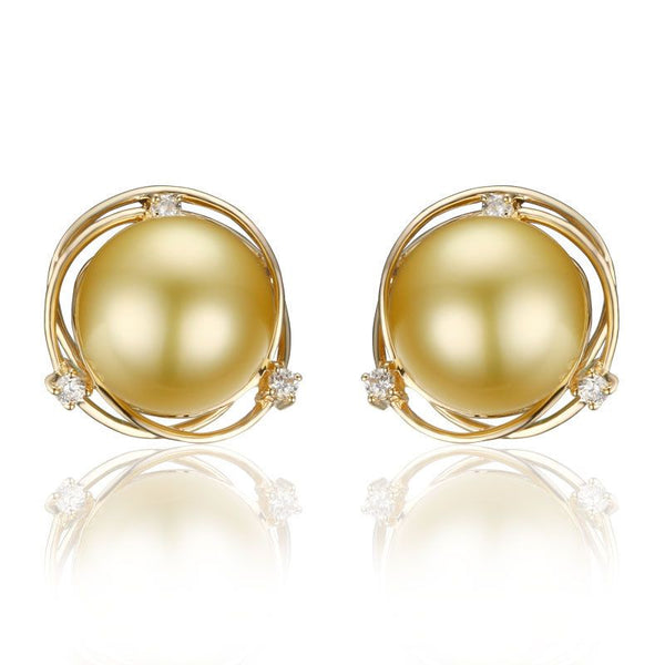 14K Yellew Gold Star Round Golden Pearls And Moissanite Stud Earrings