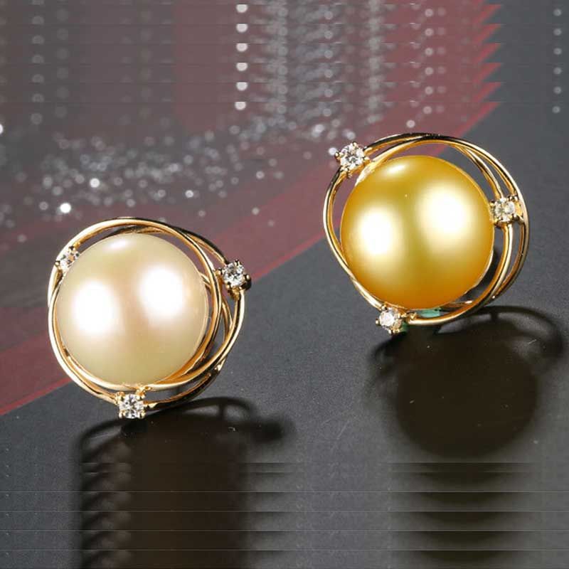 14K Yellew Gold Star Round Golden Pearls And Moissanite Stud Earrings