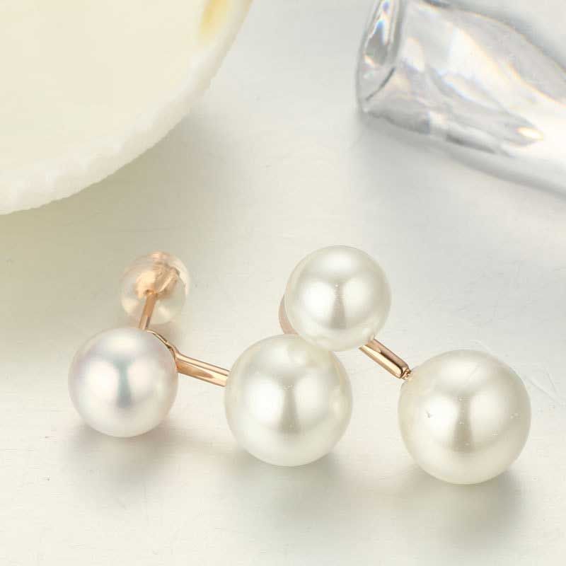 Double Row White Pearl 14K Rose Gold Stud Drop Earrings