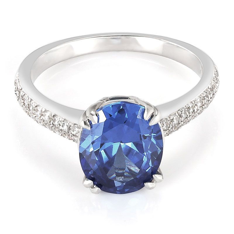 Oval-cut Dark Blue Sapphire Stone Shank Engagement Ring
