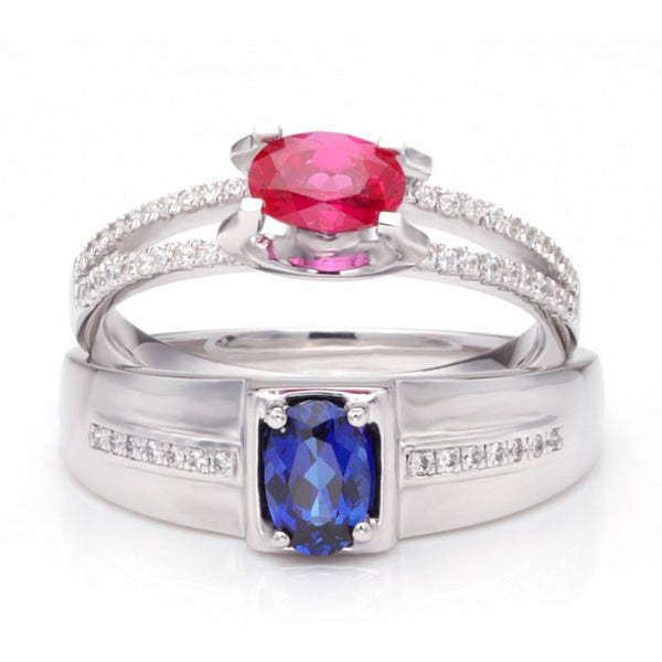 Ruby Hollow Shank Sapphire 925 Sterling Silver Couple Rings