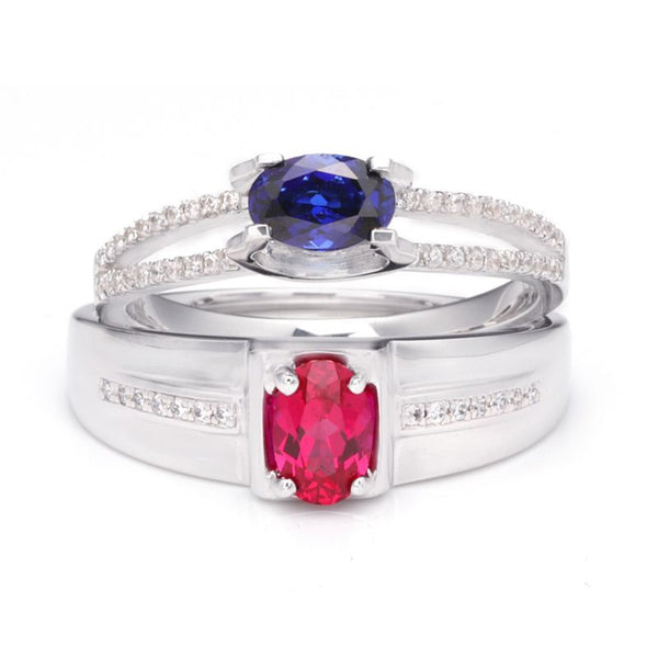 Ruby Sapphire Hollow Shank 925 Sterling Silver Couple Rings