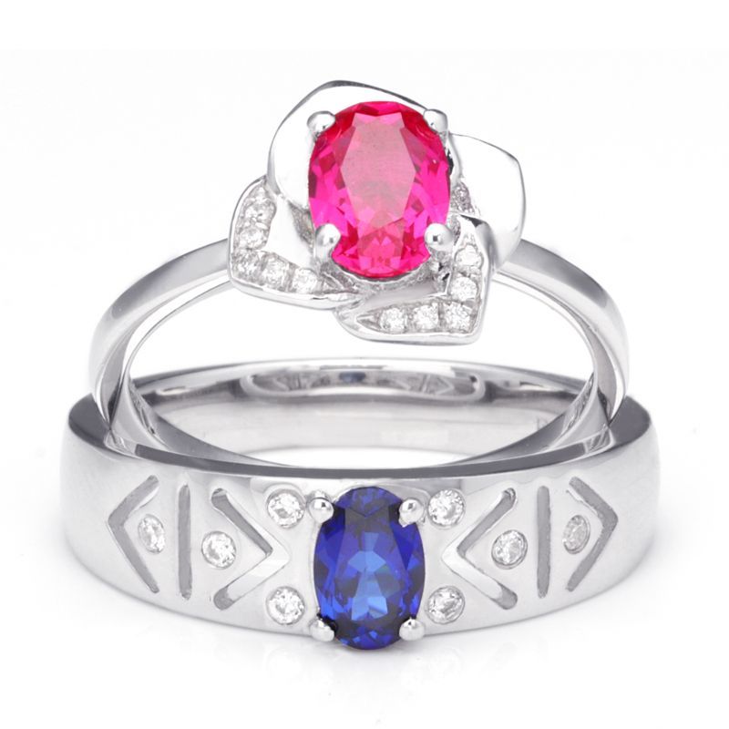 Sapphire Oval-cut Ruby Flowers 925 Sterling Silver Couple Rings
