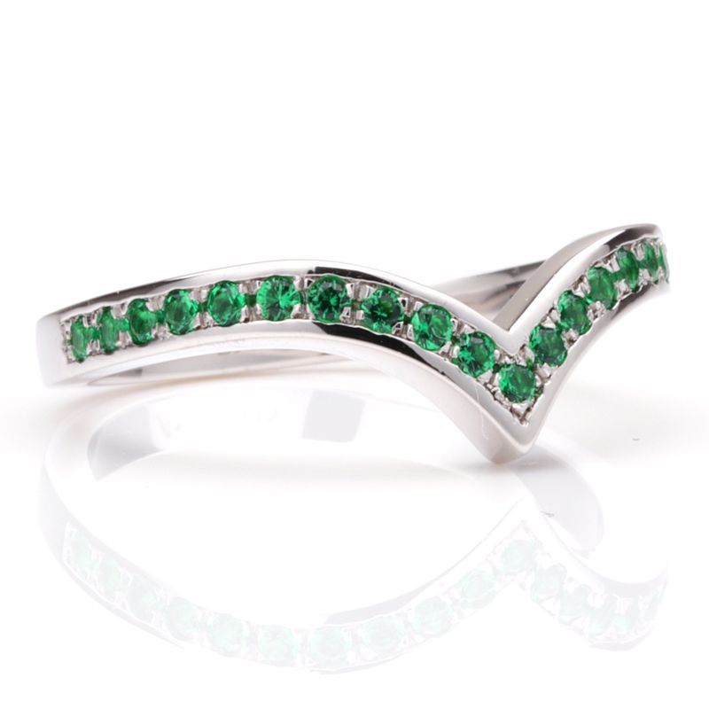 V Shape Pave Setting Light Green Sapphire Wedding Bands