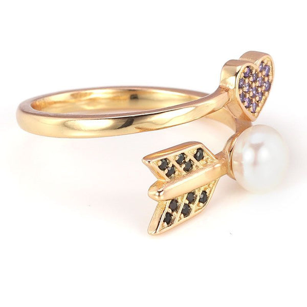 Gold Plated Heart Arrow Pearl Black and Purple Sapphires Adjustable Ring Band