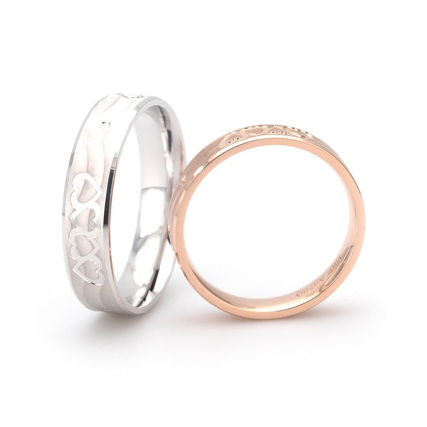 18K Rose Gold And White Gold Sparkling Hearts Wedding Band Shadow Carving Craft Couple Rings