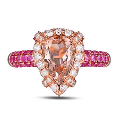 Briolette-Cut Halo Straight Band Pink Morganite Ring