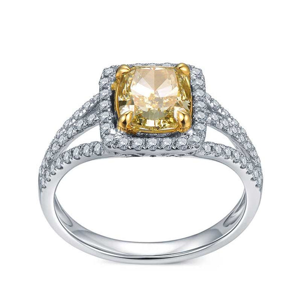 Halo Cushion Cut Yellow Shappire Shlit Tiga Line Engagement Rings For Women