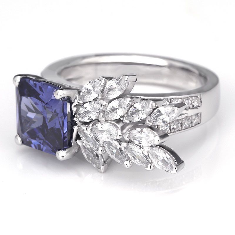Unique Blue Sapphire White Leaf Design Cocktail Ring