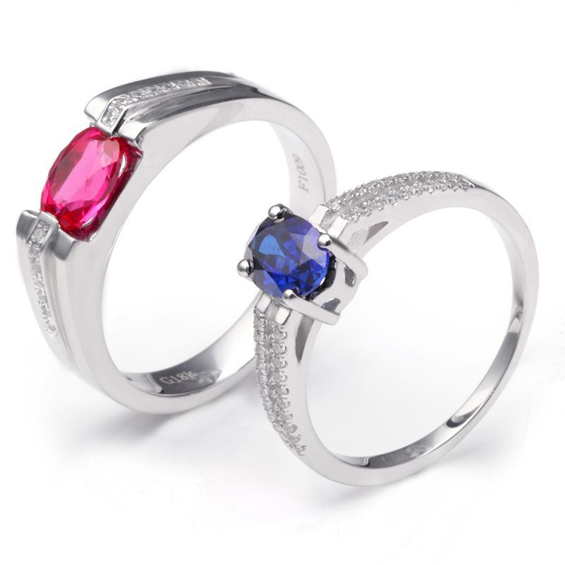 Ruby Sapphire Oval-cut Hollow 925 Sterling Silver Couple Rings