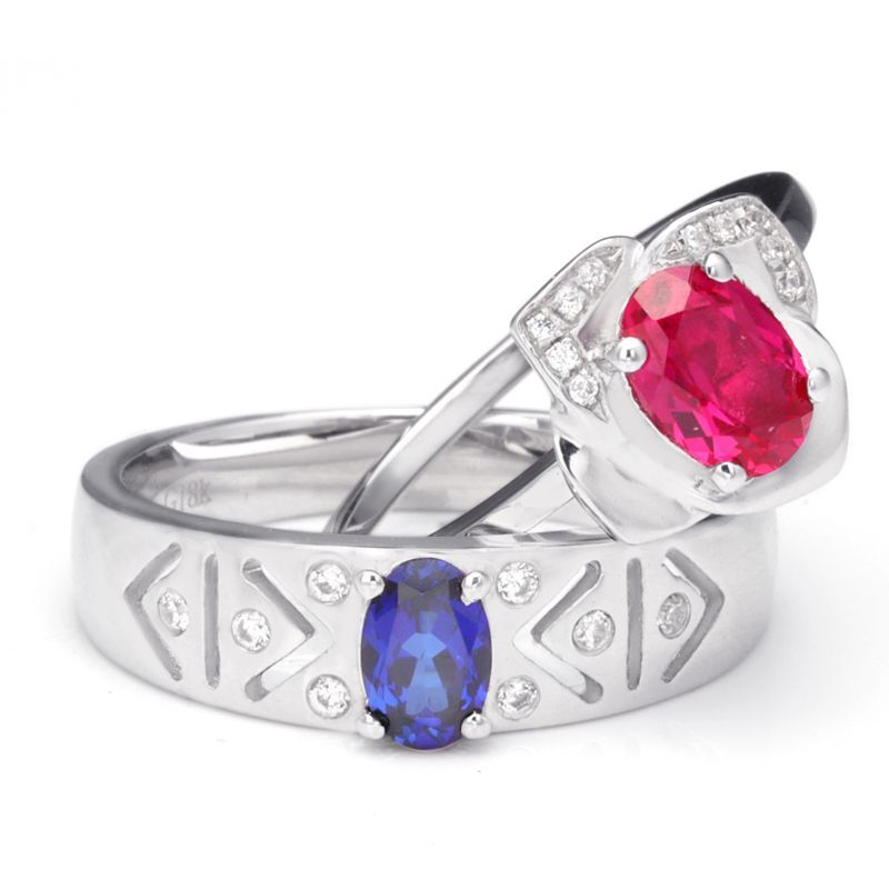 Sapphire Oval-cut Ruby Flowers 925 Sterling Silver Couple Rings