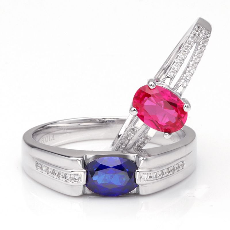 Sapphire Ruby Oval-cut Hollow 925 Sterling Silver Couple Rings