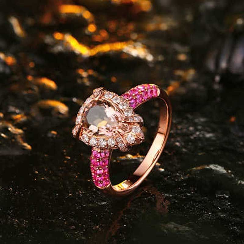 Briolette-Cut Halo Straight Band Pink Morganite Ring