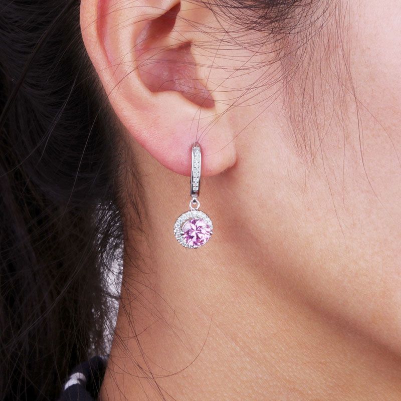 Pink Round Halo Brilliant-cut 1.0ct Created Sapphire Drop Earrings