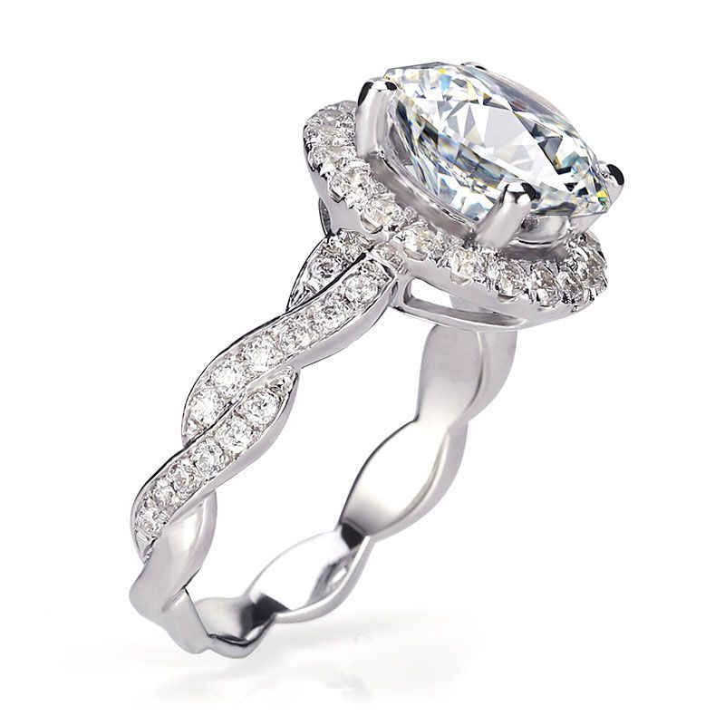 Twisted Shank Brilliant Cut Halo Sapphire Engagement Ring