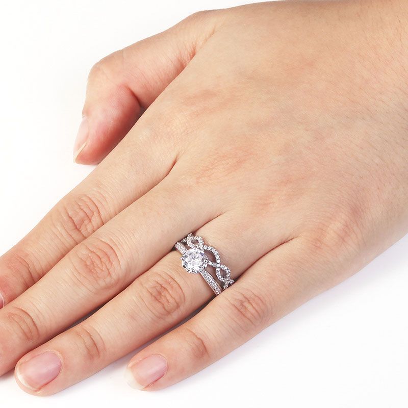Four Claws Round-cut White Sapphire Entwined Stone Band Sterling Silver Wedding Set