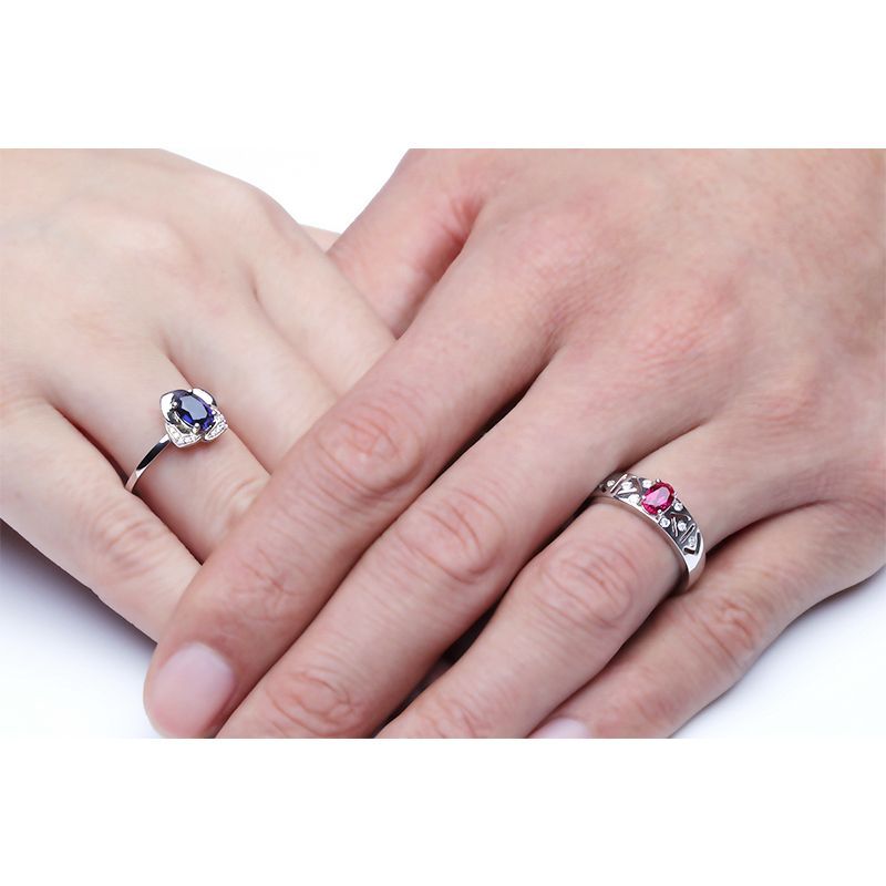 Ruby Oval-cut Sapphire Flowers 925 Sterling Silver Couple Rings