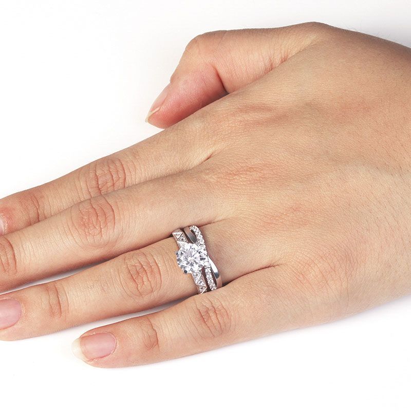 Four Claws Round Brilliant-cut Created White Sapphire Triangle Infinity Band Sterling Silver Wedding Set