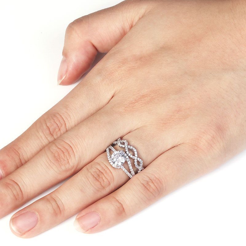 Pearl Claw Setting Split Shank White Sapphire Entwined Stone Band Sterling Silver Wedding Set
