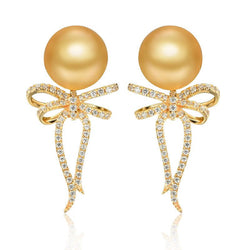 14K Rose Gold Bow Round Golden Pearls Hoop Earrings