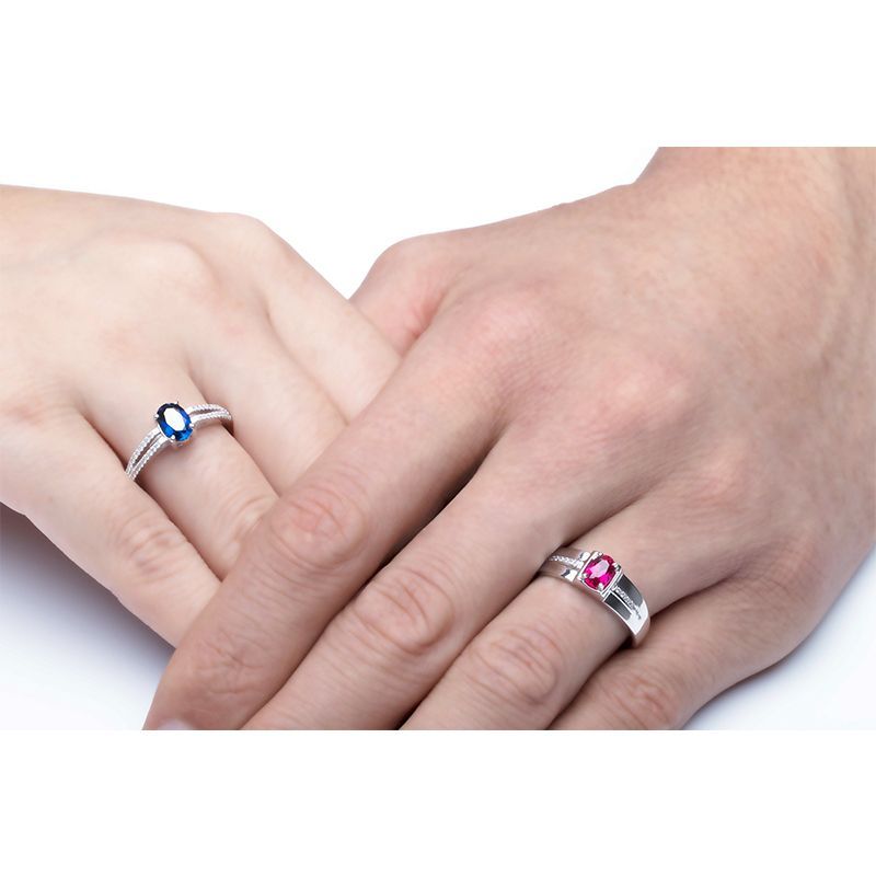 Ruby Sapphire Oval-cut Hollow 925 Sterling Silver Couple Rings