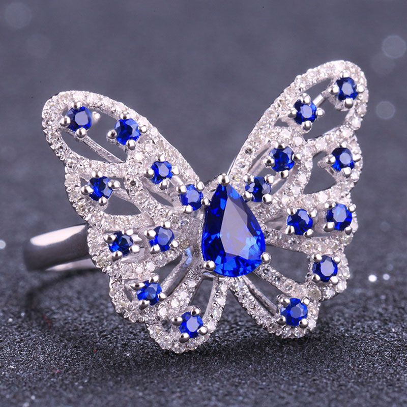 Butterfly Hollow Out Created Sapphire Sterling Silver Ring