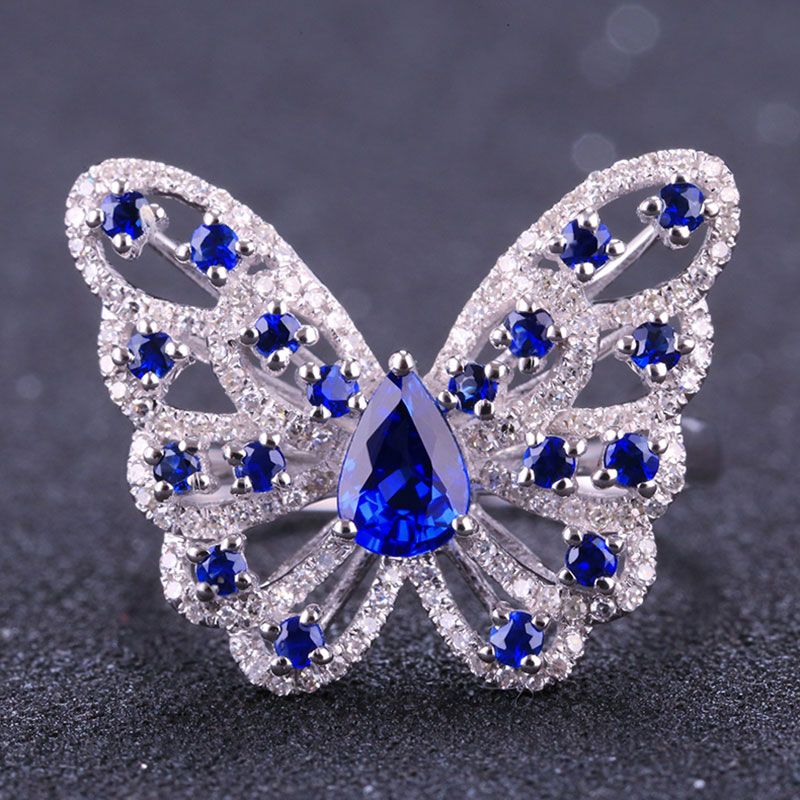 Butterfly Hollow Out Created Sapphire Sterling Silver Ring