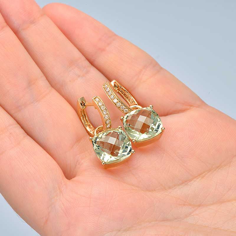 14K Yellow Gold Green Amethyst And Moissanite Fire Rose Cushion Cut Hoop Earrings For Womens