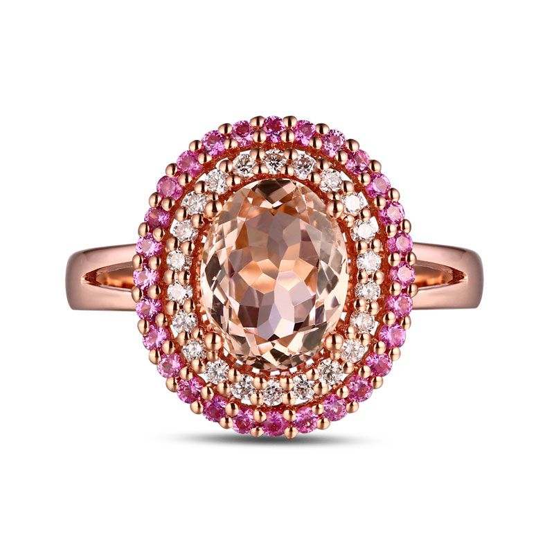 Double Halo Rose Gold Created Champagne Sterling Silver Ring