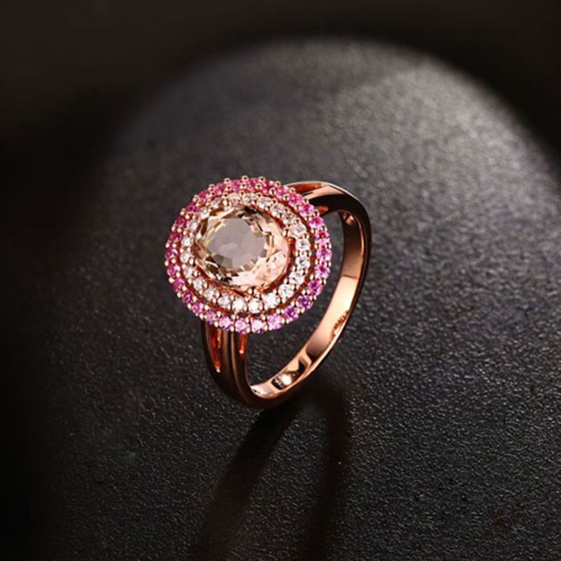 Double Halo Rose Gold Created Champagne Sterling Silver Ring