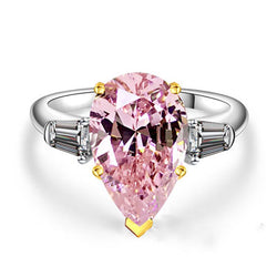 Two Tone Three Stone Pear Cut Created Pink Sapphire Sterling Silver Ring