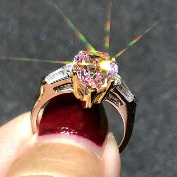 Two Tone Three Stone Pear Cut Created Pink Sapphire Sterling Silver Ring