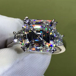 Three Stone Asscher Cut Created White Sapphire Sterling Silver Ring
