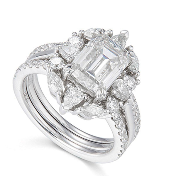 Halo Flower Shape Emerald Cut Created White Sapphire Ring Sets